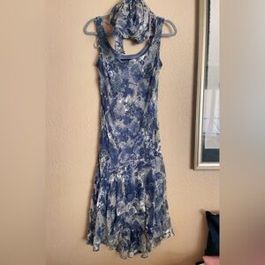 Alex Evenings Blue Floral Silk Beaded Dress with Scarf Size 12 – 75% Silk